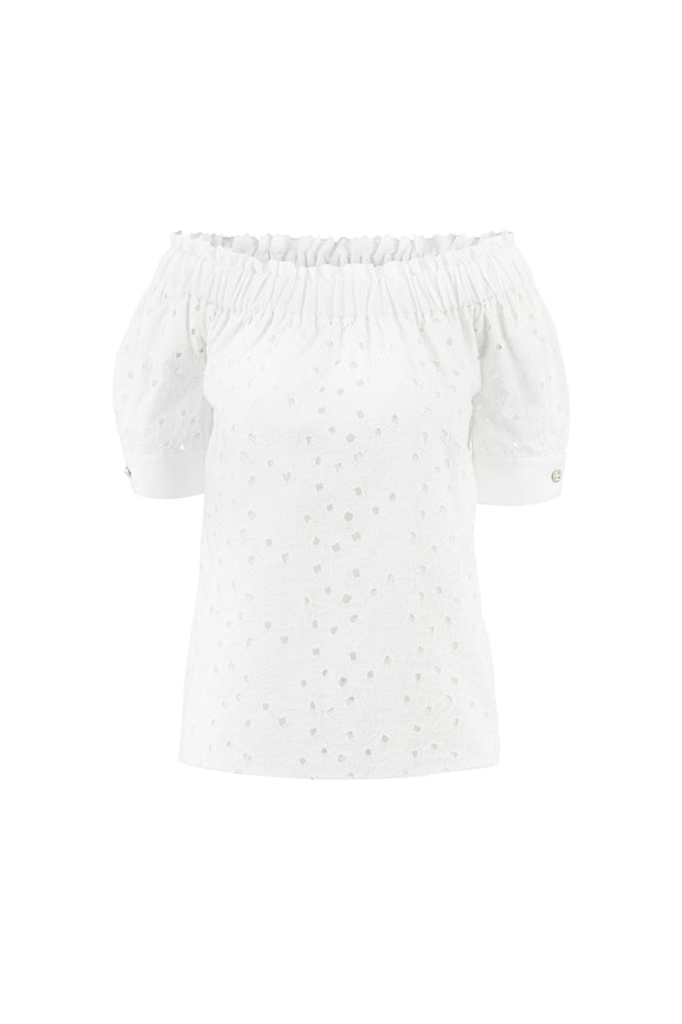 CENTELLA WHITE FLORAL BRODERIE ANGLAISE COTTON-POPLIN OFF-SHOULDER BLOUSE