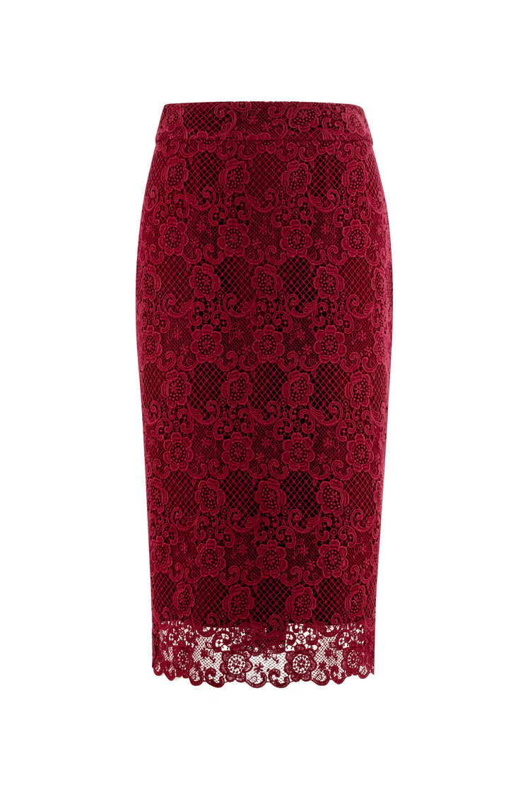 RUBIA DEEP RED LACE PENCIL SKIRT