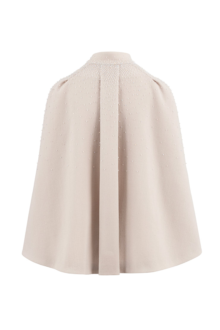 GALATELLA PALE PINK WOOL CREPE CAPE WITH CRYSTAL EMBROIDERY AND BELT