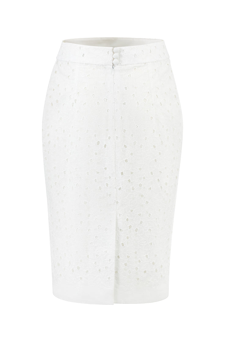 RUBIA WHITE FLORAL BRODERIE ANGLAISE COTTON-POPLIN PENCIL SKIRT