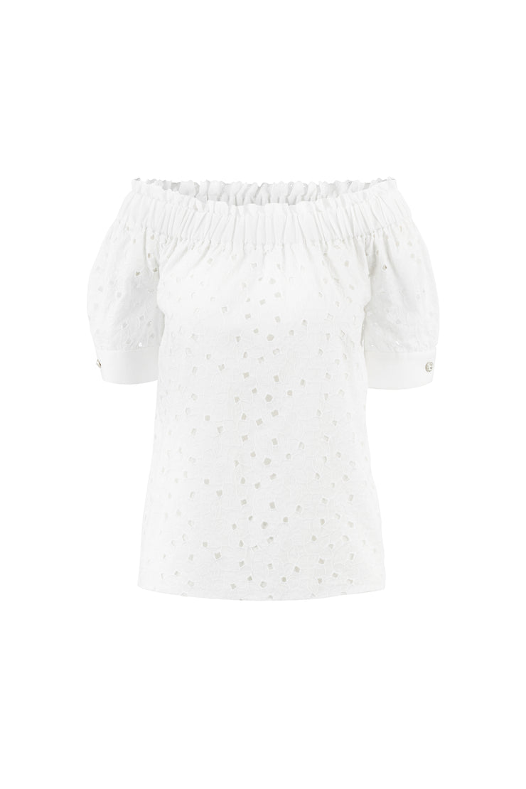 CENTELLA WHITE FLORAL BRODERIE ANGLAISE COTTON-POPLIN OFF-SHOULDER BLOUSE