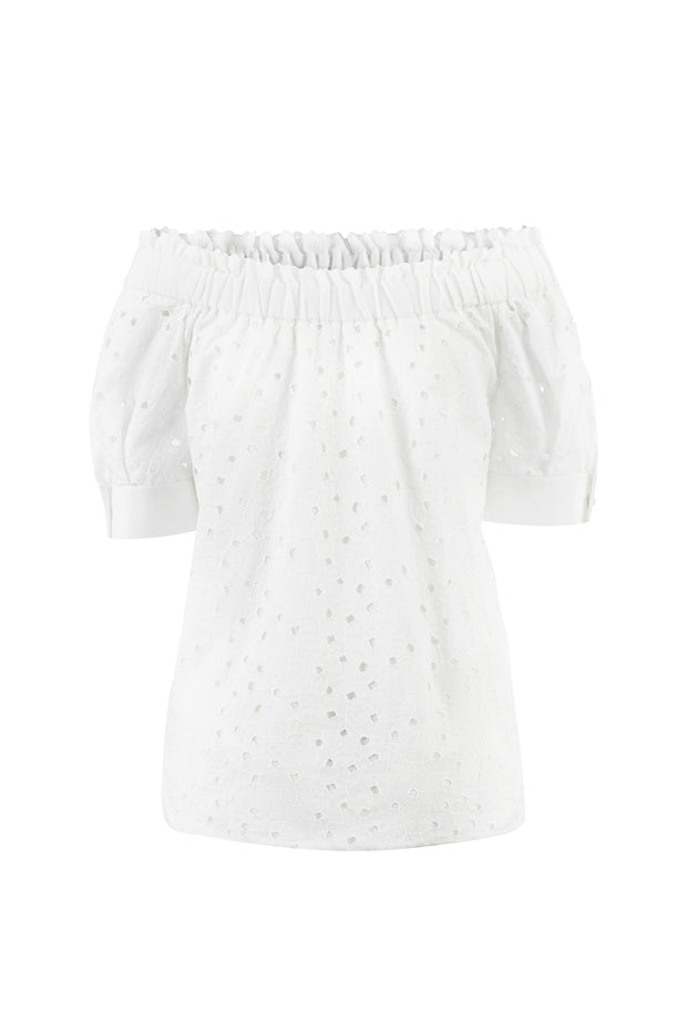 CENTELLA WHITE FLORAL BRODERIE ANGLAISE COTTON-POPLIN OFF-SHOULDER BLOUSE