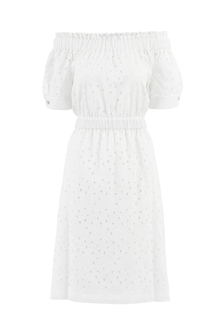 CENTELLA WHITE FLORAL BRODERIE ANGLAISE COTTON-POPLIN OFF-THE-SHOULDER DRESS