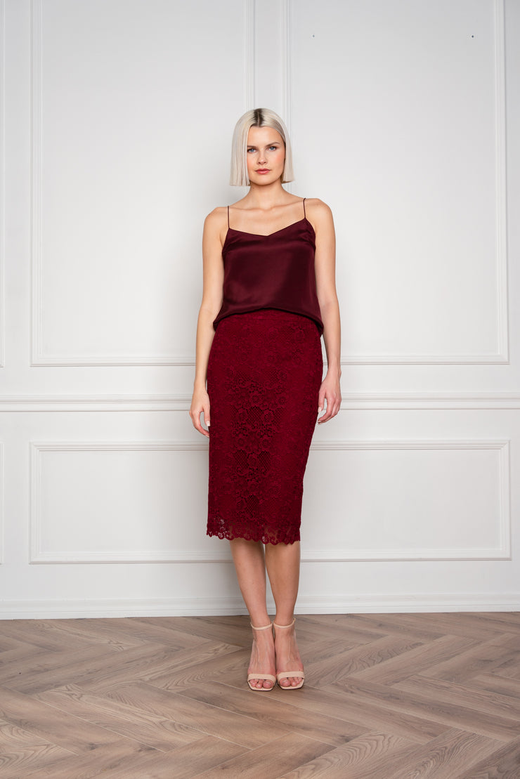 RUBIA DEEP RED LACE PENCIL SKIRT