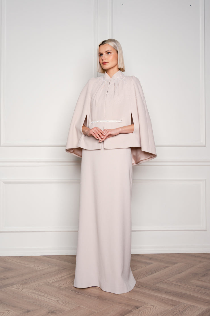 GALATELLA PALE PINK WOOL CREPE CAPE WITH CRYSTAL EMBROIDERY AND BELT
