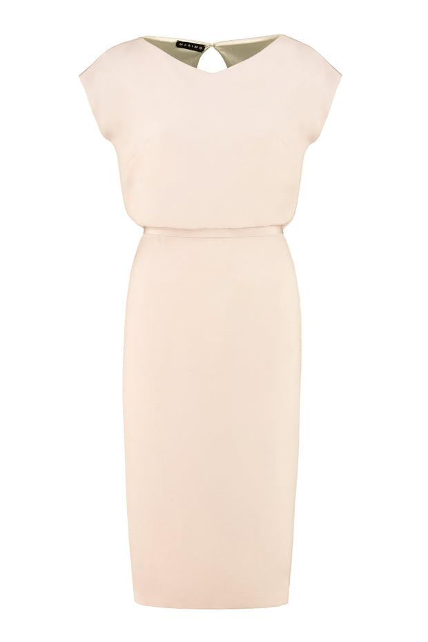 LAGENARIA BEIGE SILK PENCIL DRESS WITH CRYSTAL EMBROIDERY