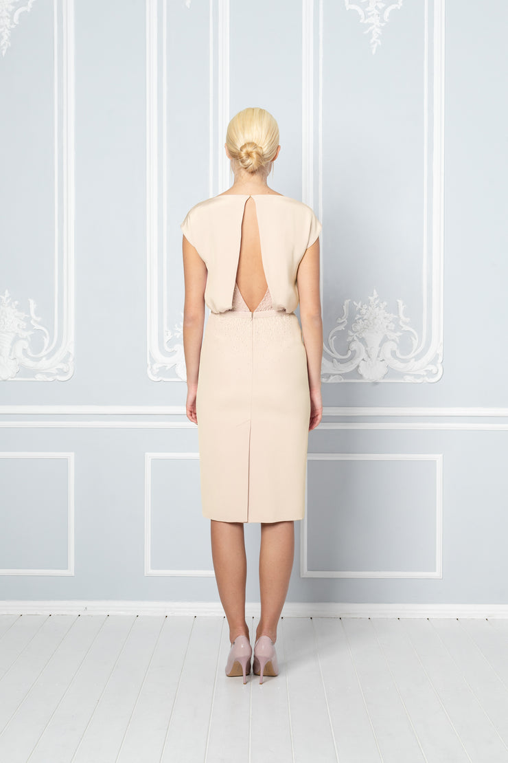 LAGENARIA BEIGE SILK PENCIL DRESS WITH CRYSTAL EMBROIDERY
