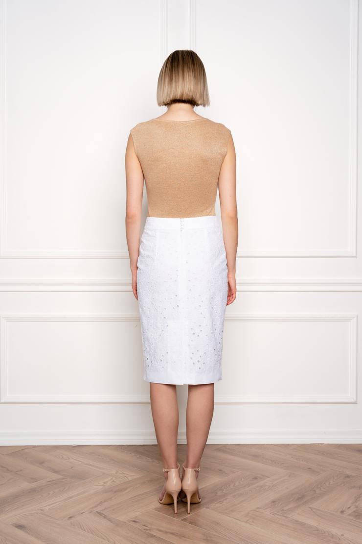 RUBIA WHITE FLORAL BRODERIE ANGLAISE COTTON-POPLIN PENCIL SKIRT