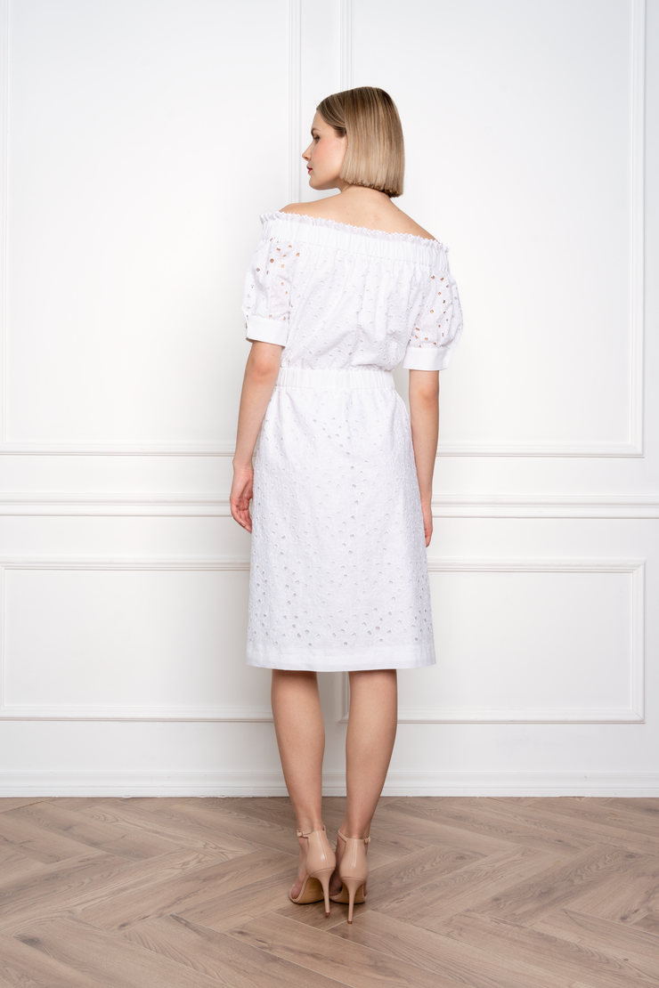 CENTELLA WHITE FLORAL BRODERIE ANGLAISE COTTON-POPLIN OFF-THE-SHOULDER DRESS