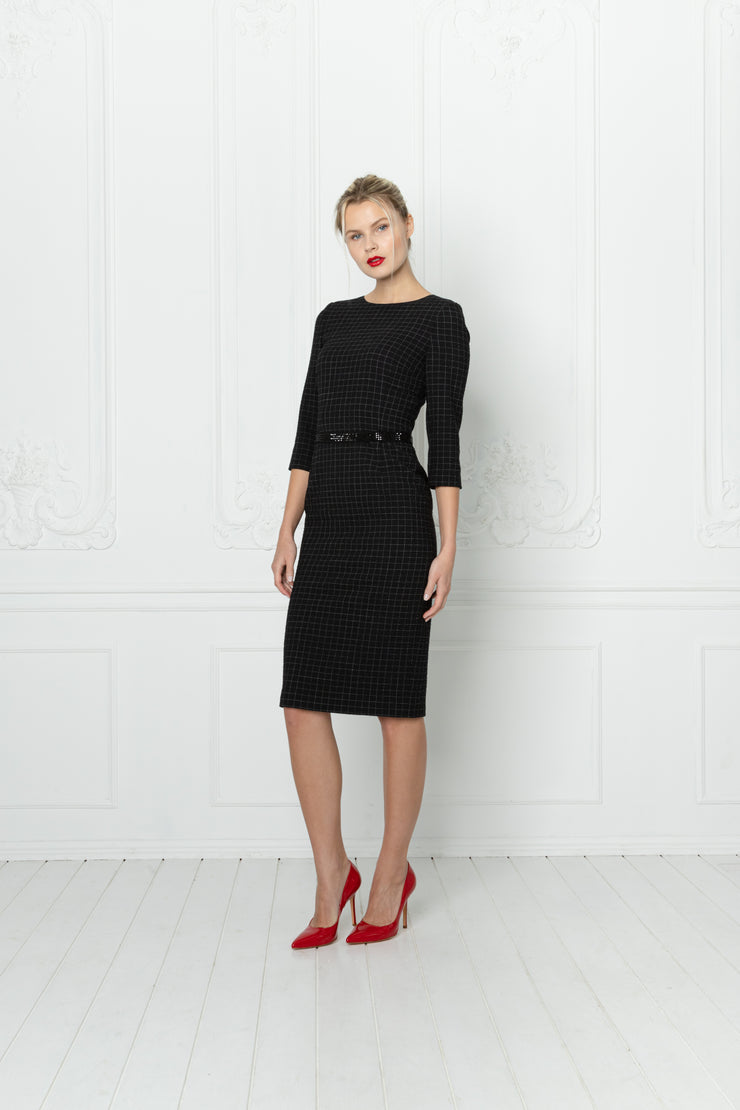 LICARIA PLAID PENCIL DRESS WITH CRYSTAL BUTTONS