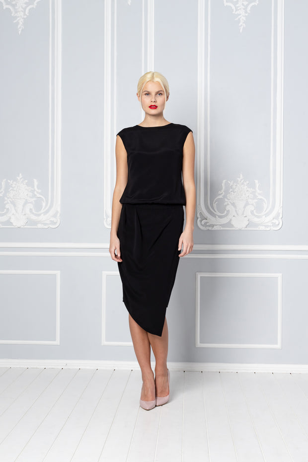 AGATHIS LITTLE BLACK SILK DRESS WITH CRYSTAL EMBROIDERY