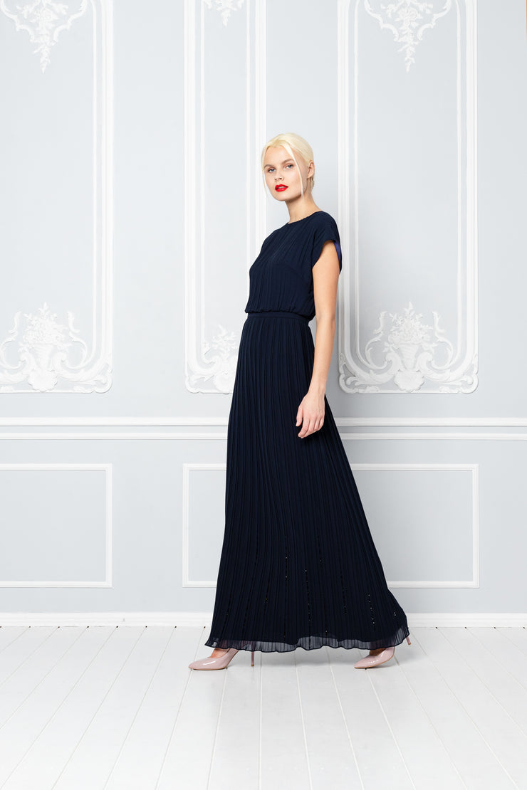 MERREMIA NAVY BLUE PLEATED GOWN