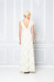 LIATRIS IVORY PLAID WOOL SEERSUCKER A-SYMMETRIC MAXI DRESS