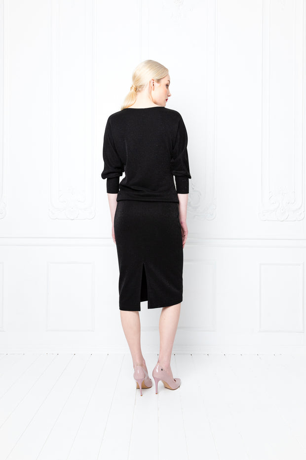 KAEMPFERIA BLACK KIMONO CUT SLIGHTLY GLITTERING STRETCHY VISCOSE-BLEND PENCIL DRESS