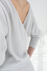 ZABELIA SILVER WHITE KIMONO CUT SLIGHTLY GLITTERING STRETCHY VISCOSE BLEND OPEN BACK WRAP GOWN