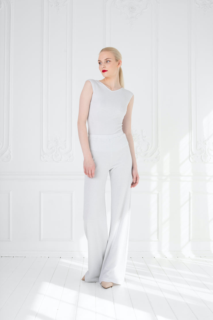 LAMIUM SILVER WHITE SLEEVELESS SLIGHTLY GLITTERING VISCOSE-BLEND BODYSUIT