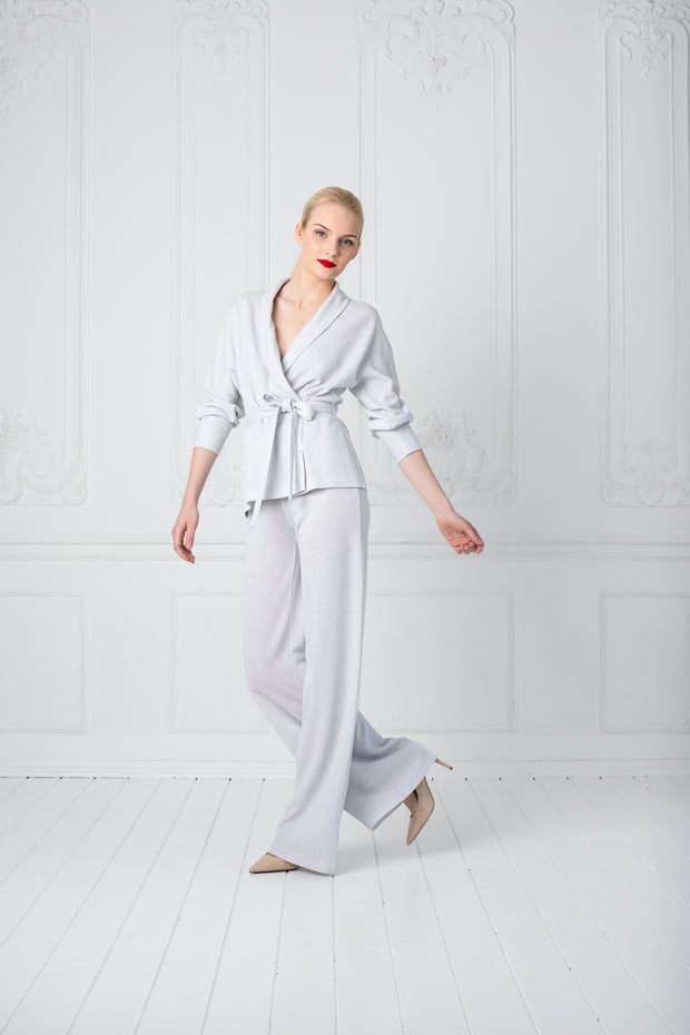 PRIMULA SILVER WHITE SLIGHTLY GLITTERING STRETCHY VISCOSE-BLEND WIDE-LEG PANTS