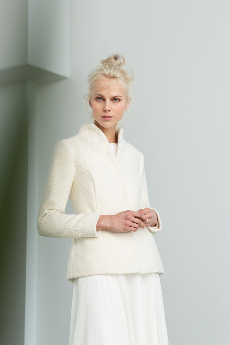 WRIGHTIA IVORY SILK AND WOOL BLEND JACKET WITH CRYSTAL EMBROIDERY