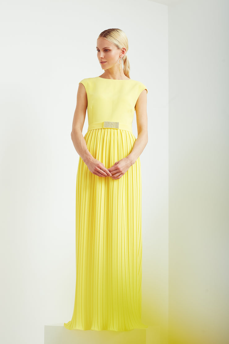 LUNARIA YELLOW PLEATED GOWN WITH BELT