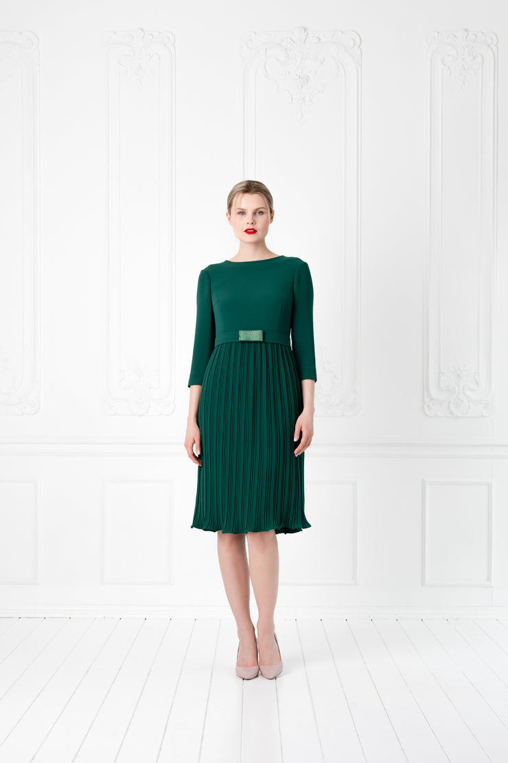 LUDWIGIA GREEN PLEATED COCKTAIL DRESS WITH THE BELT
