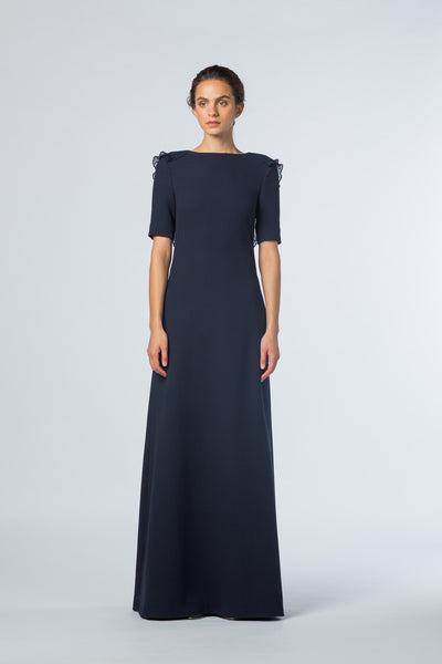 MUSELLA NAVY BLUE A-LINE GOWN WITH PLEATED DETAIL