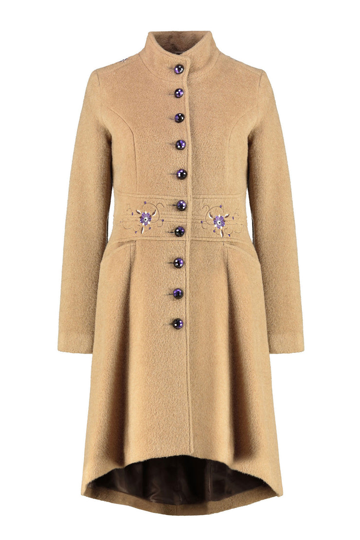 KERSTI CAMEL WINTER COAT WITH FLORAL EMBROIDERY